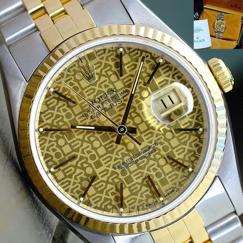 ROLEX MEN'S DATEJUST WATCH GOLD STEEL CHAMPAGNE JUBILEE DIAL FLUTED 36MM 16233